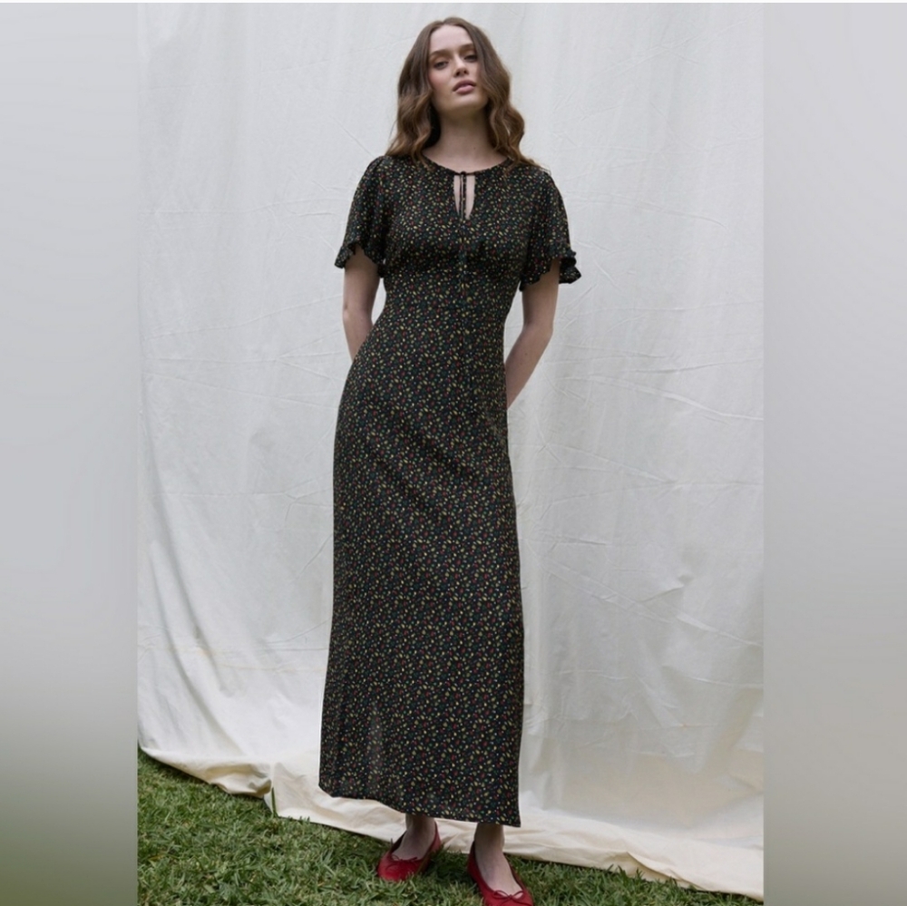 HVN 100% silk Dawn fruit salad print dress maxi short sleeves